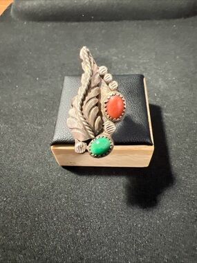 Vintage Old Pawn .925 Sterling Silver Cabochon Coral Turquoise Ring Size 6.5